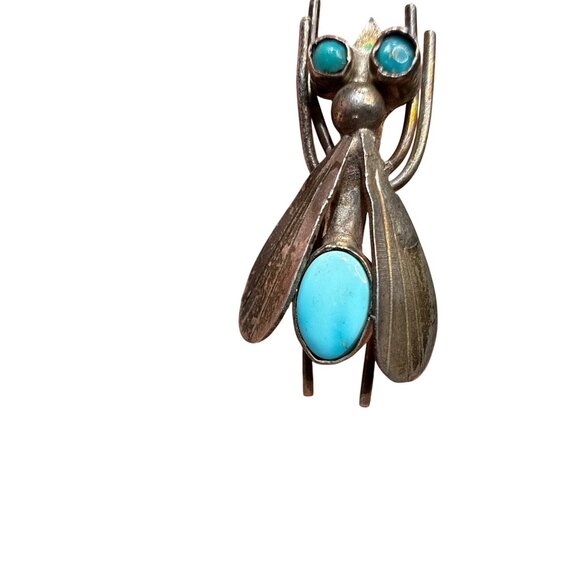 Rare Vintage Sterling Silver Fly Brooch Set Turquoise Eyes & Body Handmade Insec - Picture 2 of 7